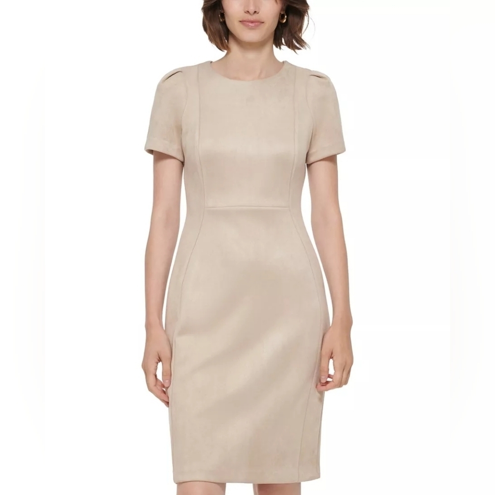 Calvin Klein Beige Short Sleeve Crew Neck Sheath Dress